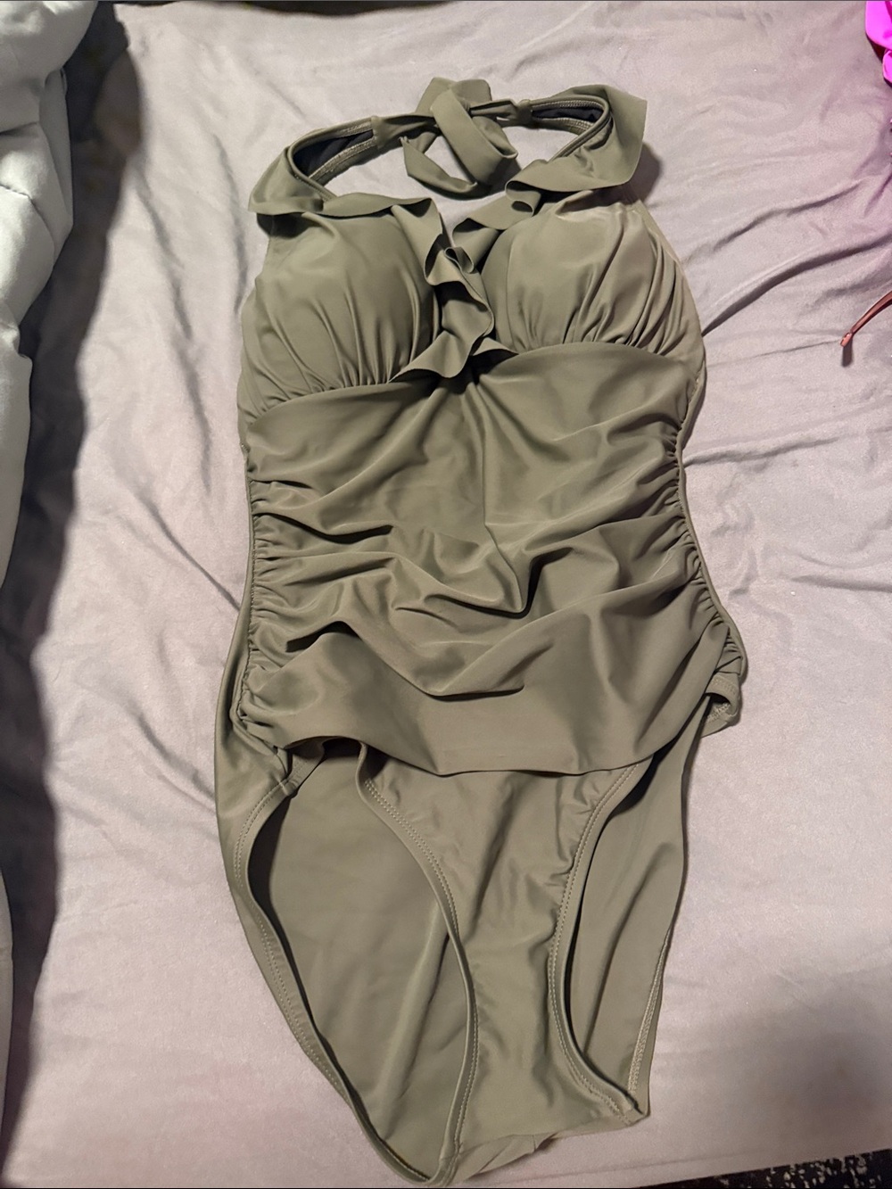 Ellen Tracy  Olive Green Ruffled One-Piece Swimsuit